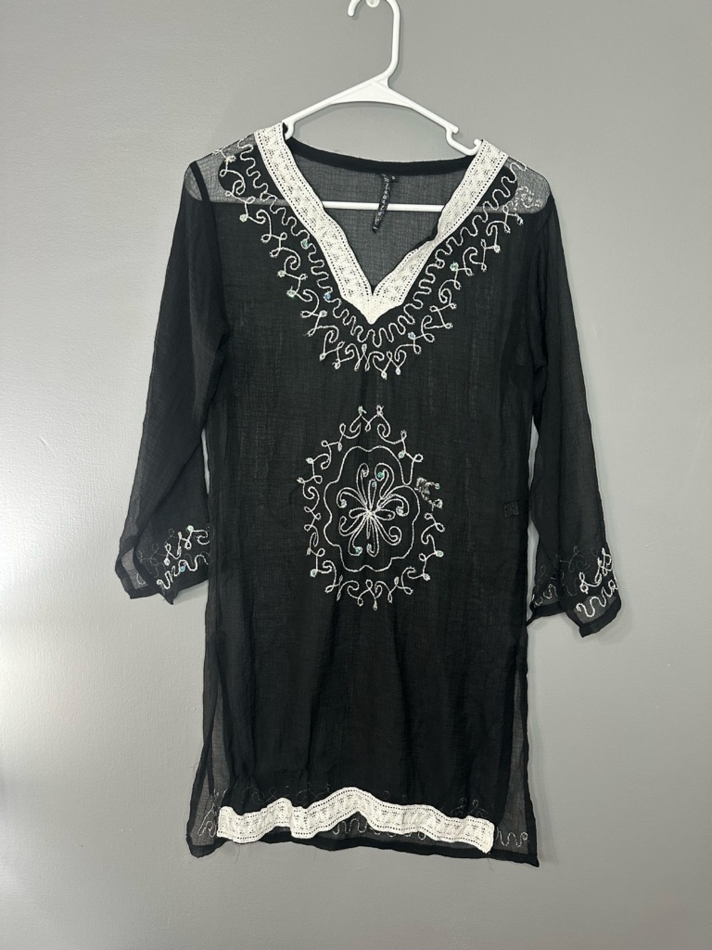 Black Tunic beach Cover-Up with White Embroidery